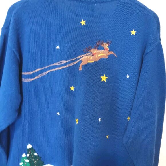 Vintage 90s Quacker Factory Christmas Village Cardigan Sweater Blue Size L - Picture 9 of 13